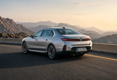 BMW Série 7 com visual traseiro moderno e luxo extremo em movimento na estrada