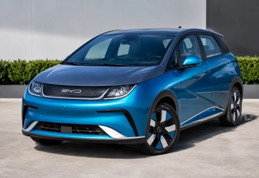 BYD Dolphin Plus azul em showroom externo neutro com vista frontal em 3/4.