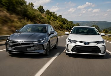 BYD King e Toyota Corolla Hybrid lado a lado em movimento em uma rodovia
