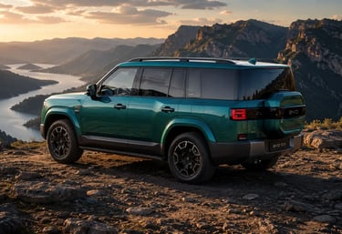 BYD Ti7 verde visto de traseira em paisagem montanhosa ao pôr do sol