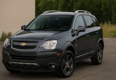 Chevrolet Captiva pré-facelift em cor cinza escuro vista de frente em ambiente externo.