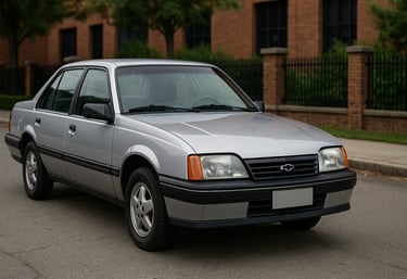 Chevrolet Monza 1994 prata estacionado em rua pavimentada, com fundo urbano de prédios e luz suave d