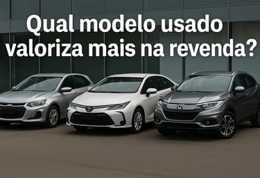 Chevrolet Onix, Toyota Corolla e Honda HR-V lado a lado, com a frase Qual modelo usado valoriza mais