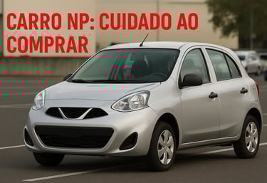 Carro popular prata estacionado em rua, com a frase Carro NP: cuidado ao comprar no topo da imagem