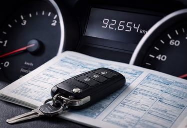 Painel de carro exibindo 92 mil km com chave e manual de revisões sobre o painel