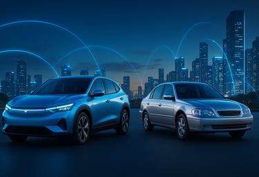 Carro elétrico moderno e carro a combustão lado a lado em cenário urbano futurista, com cidade