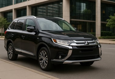 Mitsubishi Outlander GT V6 2019 preto estacionado em avenida urbana moderna, com prédios ao fundo