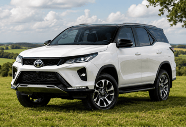 Toyota SW4 branca com teto preto estacionada sobre a grama em cenário de campo aberto com árvores