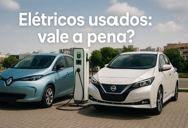 Dois carros elétricos usados carregando em estação pública, plano aberto, sem cortes