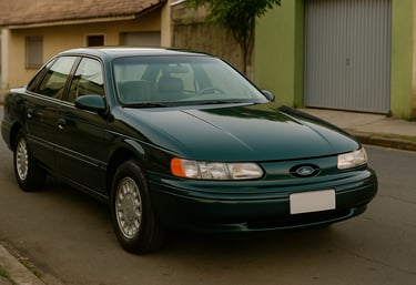 Ford Taurus 1995 verde escuro estacionado em rua residencial brasileira sob luz suave do entardecer.