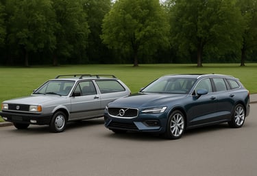 Volkswagen Parati clássica e Volvo V60 moderna estacionadas lado a lado em rua arborizada, simboliza