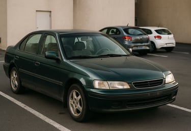 Carro antigo parado em estacionamento, com poeira visível na lataria