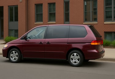 Honda Odyssey vinho dos anos 2000 vista de lado, estacionada em rua com prédio de tijolos ao fundo.