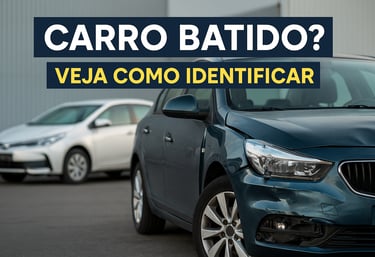 Carro usado azul com capô desalinhado e parachoque danificado em pátio de veículos