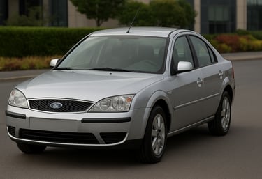 Ford Mondeo prata visto de frente e lateral em ambiente externo.