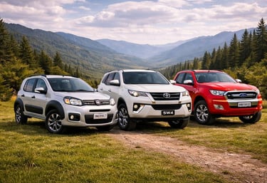 Comparativo de carros altos: hatch aventureiro, SUV e picape lado a lado em gramado ao ar livre