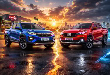 BYD rival da Strada em comparação direta com Fiat Strada ao pôr do sol no Brasil