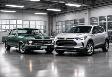 Evolução da General Motors com Chevrolet clássico e SUV moderno lado a lado