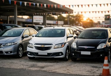 Carros usados expostos em loja, modelos populares alinhados em pátio de revenda ao entardecer