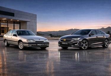 Chevrolet Omega CD 1993 ao lado do novo Omega CD 2026 em comparação frontal 3/4 mostrando evolução
