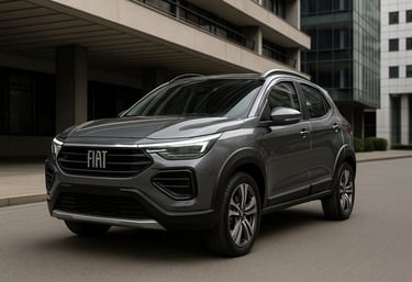 Fiat Pulse cinza estacionado em cenário urbano moderno, visto em ângulo lateral dianteiro