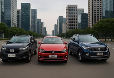 Fiat Strada, Volkswagen Polo e VW T-Cross lado a lado em avenida urbana com margens laterais livres