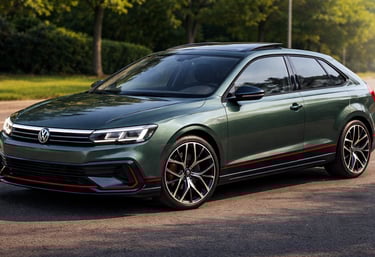 Passat Pointer 2026 conceito em verde metálico com detalhes esportivos vermelhos