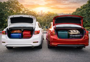 Dois sedãs com porta-malas abertos mostrando grande capacidade de bagagem para o uso no dia a dia