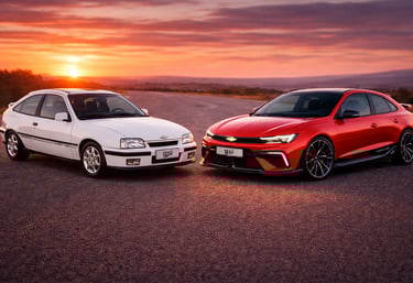 Kadett GSI antigo e Kadett GSI conceito 2026 posicionados frente a frente em ângulo 3/4 frontal