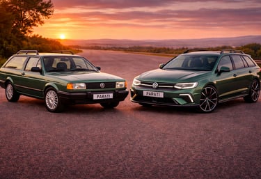 VW Parati antiga e VW Parati conceito 2026 posicionadas frente a frente em ângulo 3/4 frontal