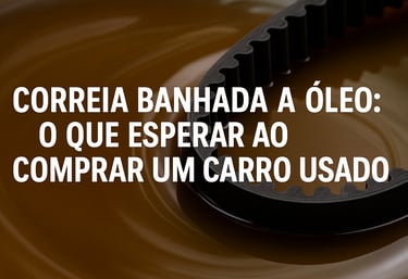 Correia de motor banhada a óleo em close-up, parcialmente submersa em fluido lubrificante marrom