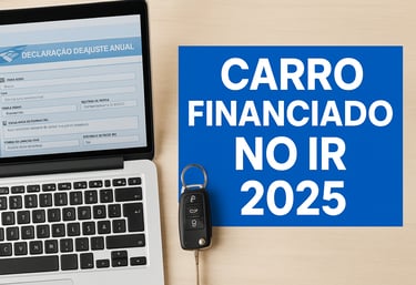 Laptop com declaração de imposto de renda e chave de carro, destaque para carro financiado no IR 202