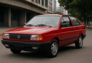 Volkswagen Gol GTi vermelho clássico equipado com motor AP, estacionado em cenário urbano.