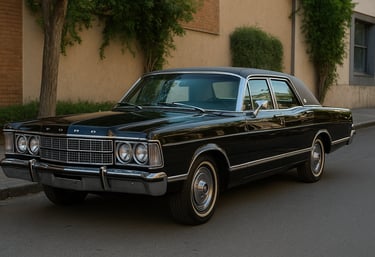 Ford Landau preto clássico dos anos 1970 estacionado em rua urbana, com detalhes cromados na frente 