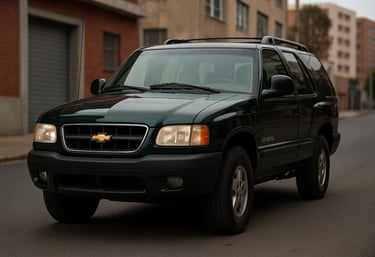 Chevrolet Blazer prata dos anos 2000 estacionada em área urbana, vista de frente e lateral.