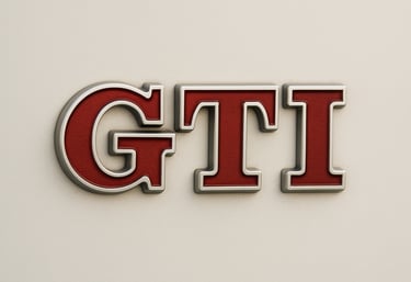 Close-up do emblema original GTI de um Volkswagen Gol GTI clássico com fundo escuro e brilho metálic