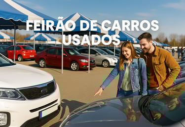 Casal avaliando carro em feirão de usados ao ar livre com várias opções de veículos expostos