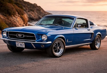 Ford Mustang clássico azul, ícone entre carros antigos da Ford.