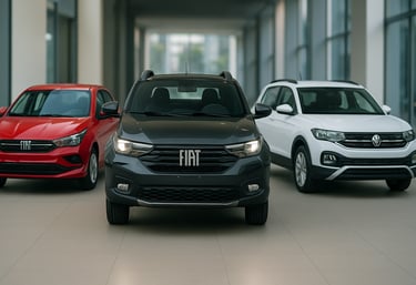 Fiat Strada, Fiat Argo e Volkswagen T-Cross lado a lado em showroom moderno, totalmente visíveis.