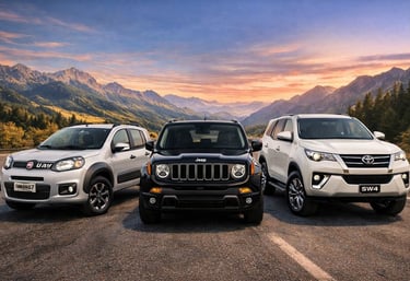 Carros altos lado a lado: Fiat Uno Way, Jeep Renegade e Toyota SW4 em estrada de montanha