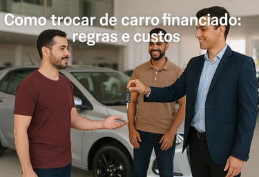 Troca de carro financiado em concessionária no Brasil, vendedor entregando chave para cliente