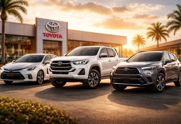 Concessionária Toyota ao entardecer com Corolla, Hilux e Corolla Cross em destaque, sem pessoas.