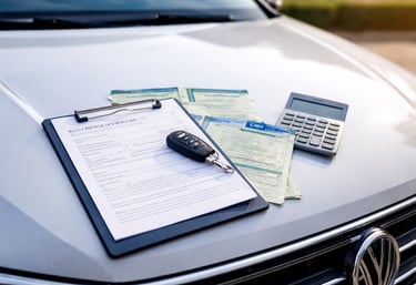 Documentos de transferência de carro usado sobre o capô do veículo, com chave e CRLV-e