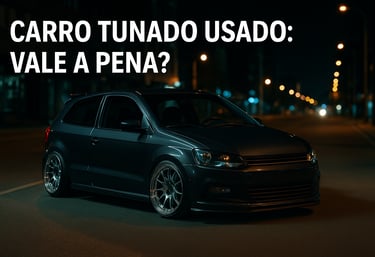Carro tunado usado preto, rebaixado e com rodas esportivas em rua iluminada à noite