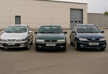 Fiat Marea prata, Citroën Xantia verde escuro e Renault Laguna azul estacionados lado a lado em páti