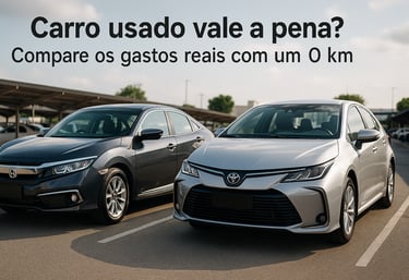 Honda Civic usado e Toyota Corolla 0 km lado a lado em estacionamento, comparação de custos