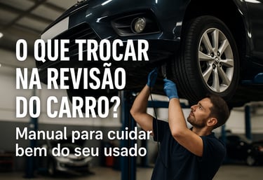 Carro popular em oficina sobre elevador com mecânico inspecionando para revisão preventiva