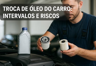 Mecânico segurando filtros de óleo novos ao lado de frasco de óleo fechado sobre o motor de carro.
