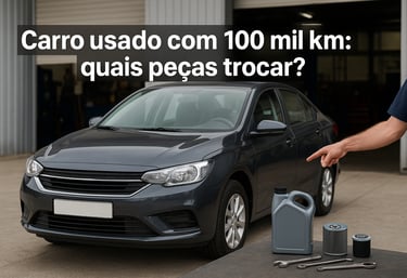 Carro popular cinza em frente a oficina com mecânico ao lado e ferramentas sobre a bancada, texto so