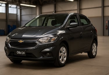 Chevrolet Onix 1.4 prateado estacionado em área urbana moderna com edifícios ao fundo.
